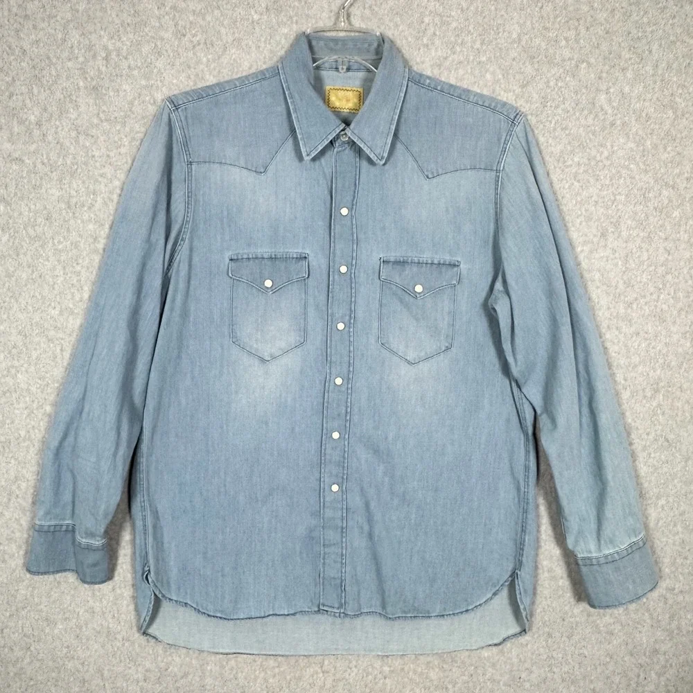 Wythe Western Washed Indigo Denim Long Sleeve Pearl Snap Large Mens L